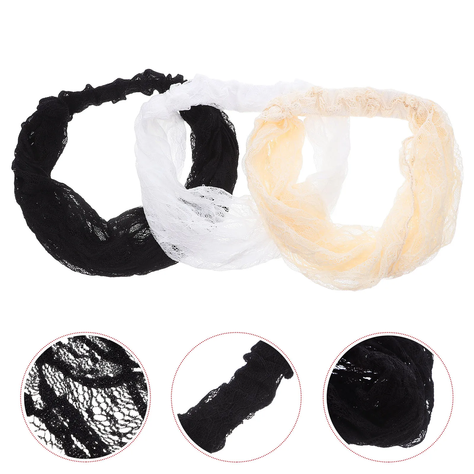 

3pcs Lace Mesh Headbands For Women Hollow Elastic Breathable Wide Headwrap Non-Slip Hair Scarf Bandana Summer Outdoor Daily Use