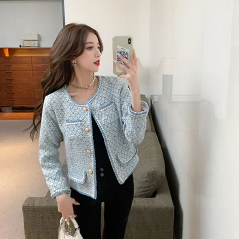 

Women Korea Chic Cropped Tweed Jacket Coat 2022 New Autumn Elegant Ladies Round-Neck Long Sleeve Button Vintage Outerwear