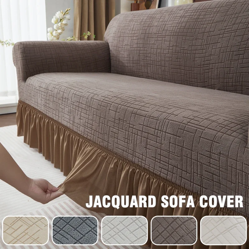 Jacquard Plaid Elastic Sofa Covers With Skirt for Living Room Stretchable Spandex Couch Cover Non-slip Full Wrap Sofa Slipcover