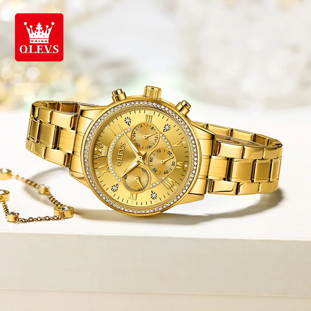 Olevs relógio de quartzo feminino luxo diamante dial ouro aço inoxidável à prova dwaterproof água clássico três pequenos mostradores relógio para mulher novo em