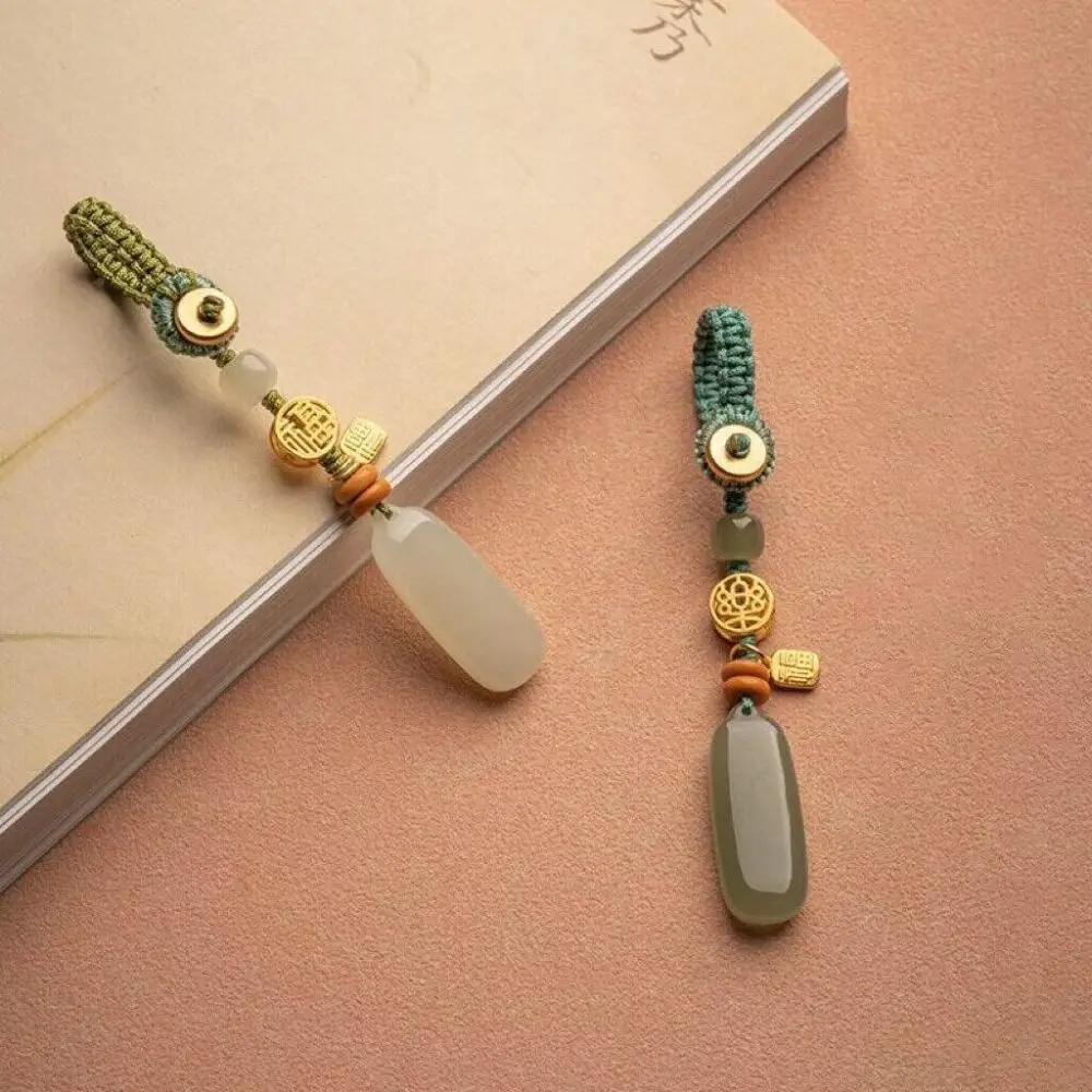

Creative Natural Hetian Jade Car Key Ring Tranquility Personality Pendant Key Pendants Peace Green Mobile Phone Chain Couple
