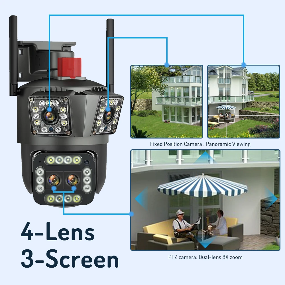 Cámara con Zoom 12X para exteriores, 8K, 16MP, lente Thour, tres pantallas, WiFi, IP, protección de seguridad, detección de movimiento, vigilancia CCTV 4K