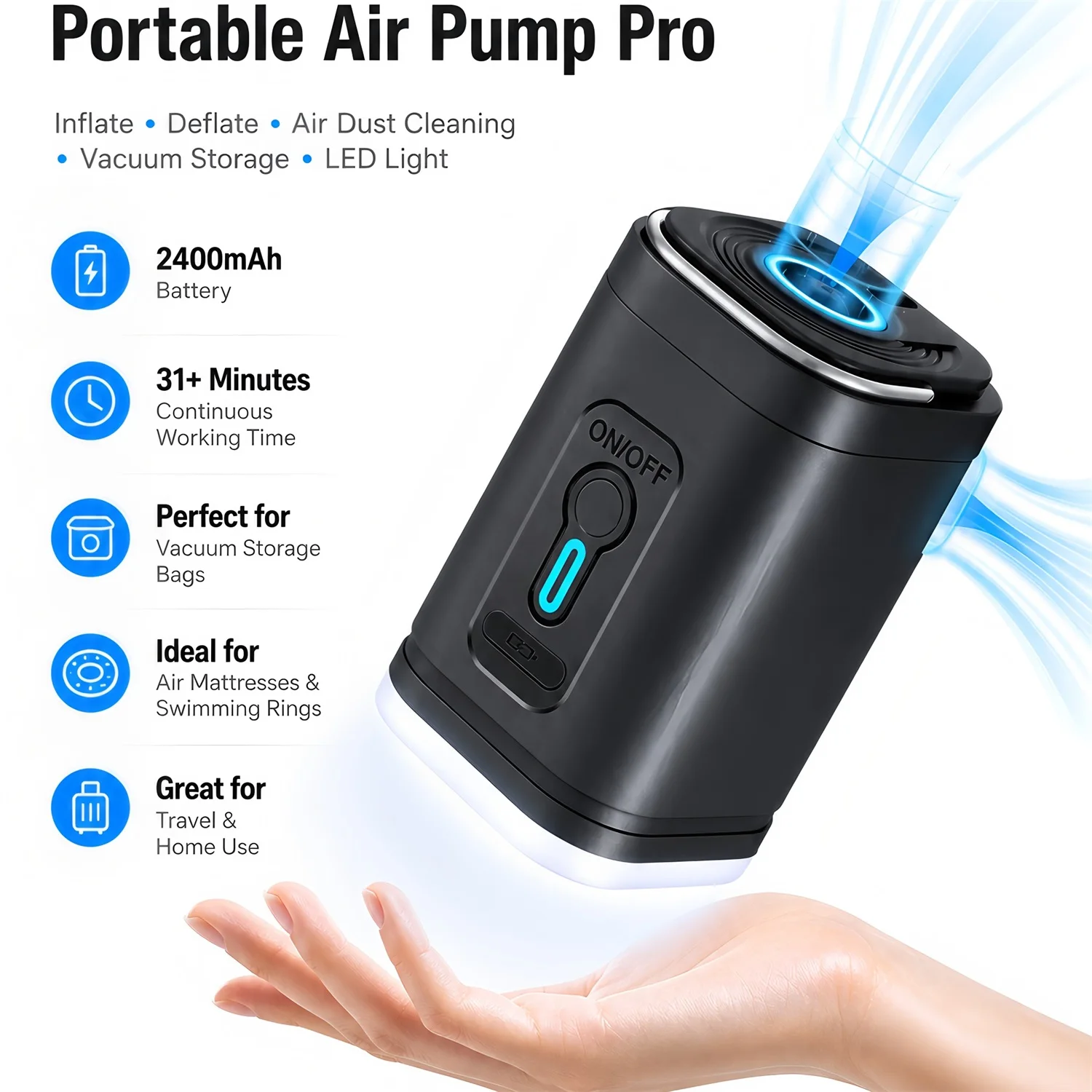 Portable Electric Air Pump Inflate Deflate LED Lighting Multifunctional Inflator Tool for Outdoor Camping Air Mattress Air Bed