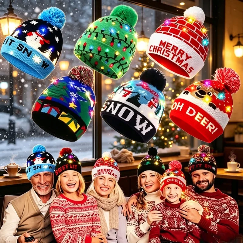 1-10PCS Christmas Novelty LED Knit Beanie with Cartoon Animal Pattern  Warm Winter Hat Perfect for Party Holiday Gift