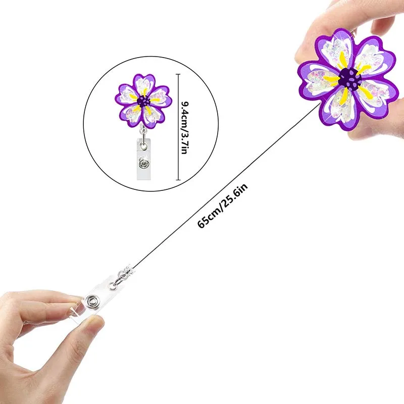 New Quicksand Acrylic Candy Color Flowers Badge Reel Retractable ID Badge Holder With 360 Rotating Alligator Clip Name Holder