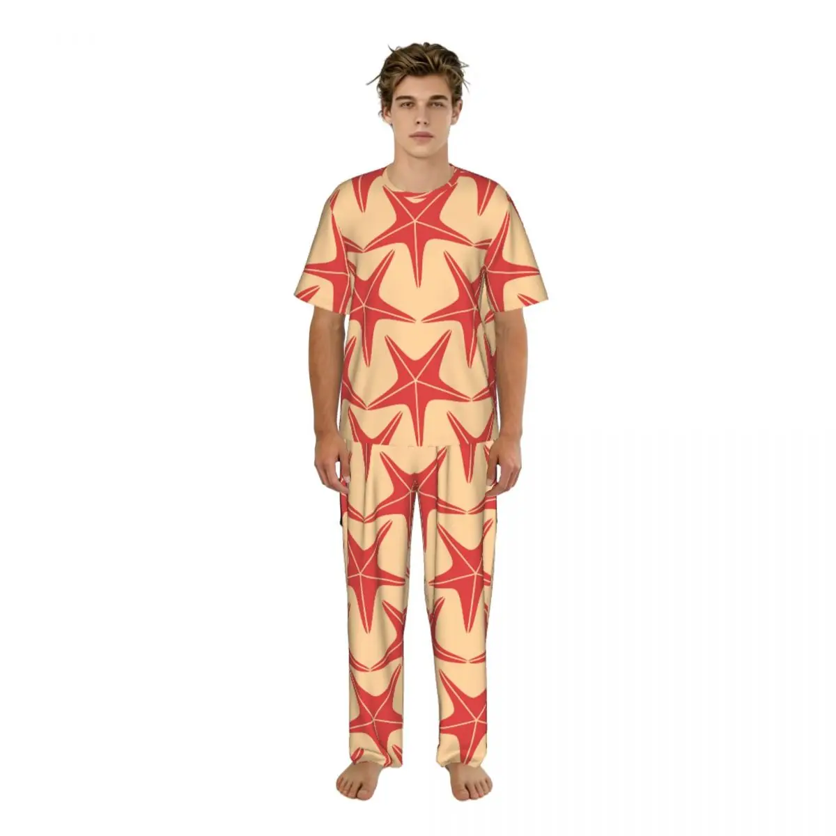 

Мужская пижама с короткими рукавами, комплект из двух предметов: брюки и рубашка, с принтом морских звезд, домашняя одежда, костюм для сна.