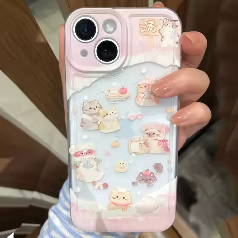 Spring Kitten Bathing Phone Case For Samsung S25 S24 S23 S22 S21 S20 FE Note20 Plus Ultra Lite 5G Clear Y2K Korean Cute Cover