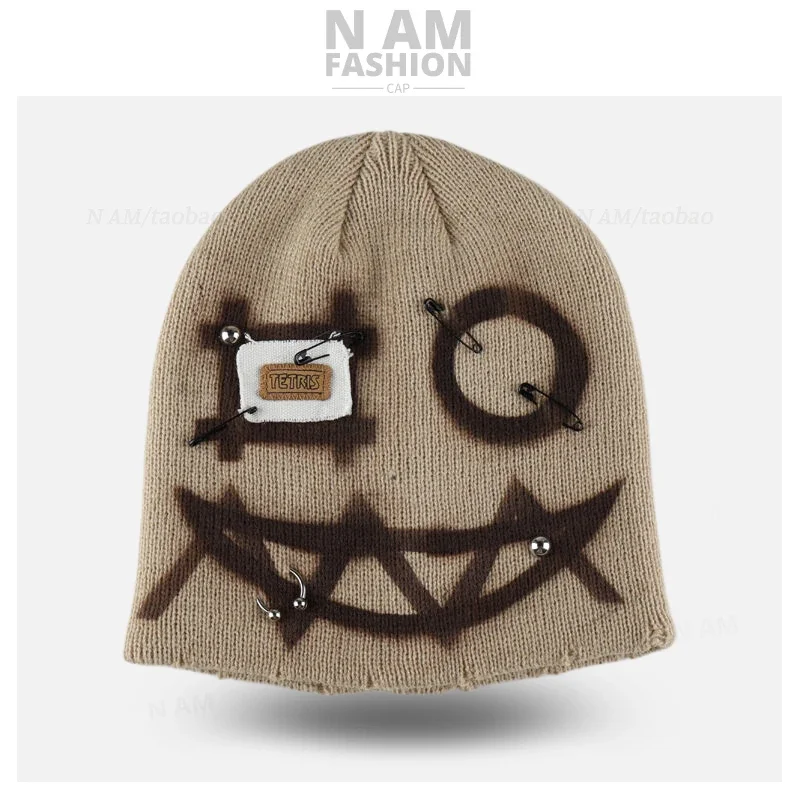 American Punk Style Personalized Graffiti Design Beanies Cap Y2K Winter Warm Versatile Hip Hop Pullover Hat for Men and Women