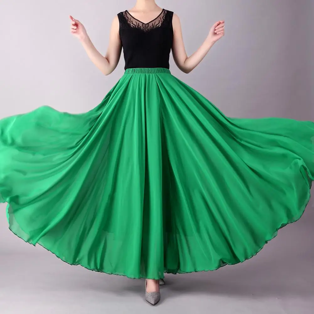 Women Chiffon Large Skirt 720 Degree Pull Double-Layered Maxi Skirt Solid Color Flowy Dance Skirt Versatile Dancewear