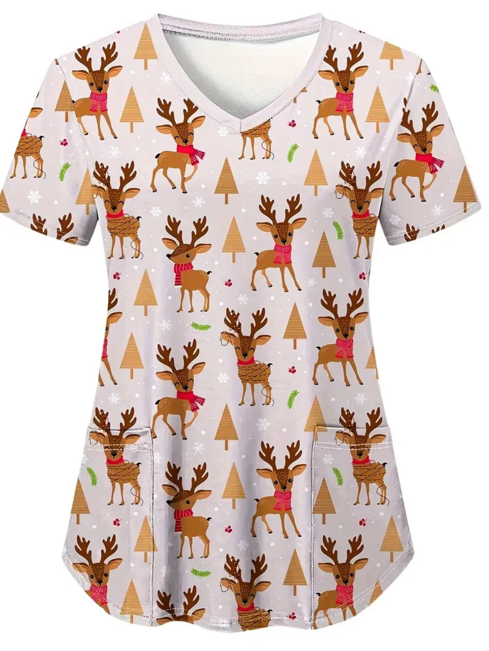 Krankenpflegeuniformen Frau Weihnachten Schneemann Cartoon Print Gesundheitswesen Krankenschwester Schnelltrocknend V-Ausschnitt Kurzarm mit Taschen Scrubs Frau