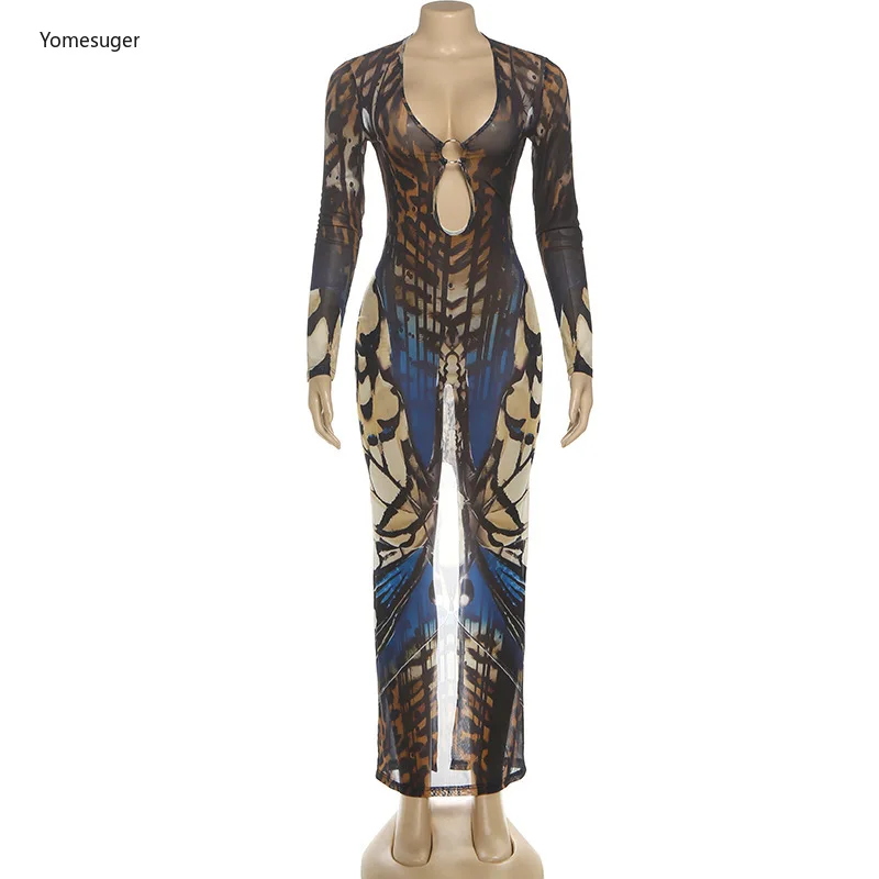 فستان ماكسي نسائي من Yomesugar مطبوع عليه فراشة أنيق برقبة على شكل حرف v وحلقة معدنية مجوفة وأكمام طويلة ملابس نادي منتصف الليل #4