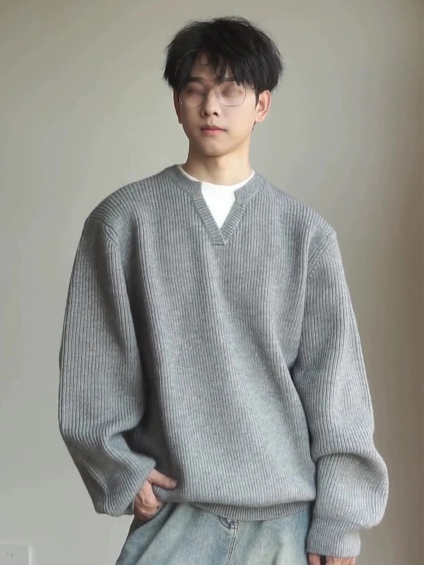 

American Sle Fake Two-Piece Knitwear Men's Loose Fit Casual Long Sve Ne Basic Layering irt Vintage Faion