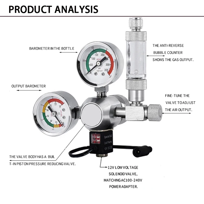 Aquarium CO2 Pressure Regulator Fish Tank Reducing Valve Double Gauge Bubble Recorder Magnetic Solenoid Valve Kit W21.8