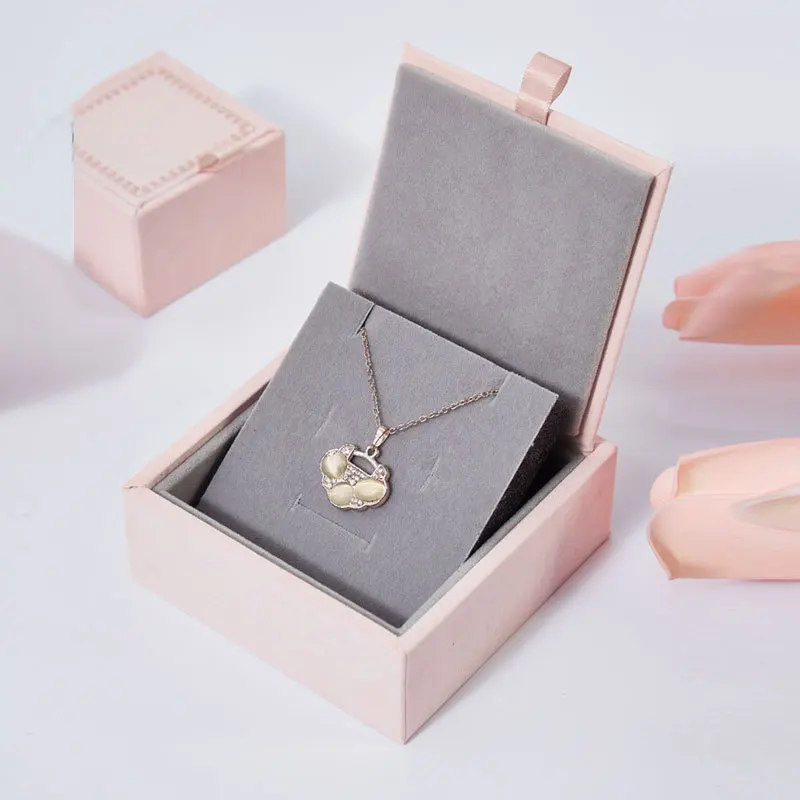 Pink Square Filp Jewelry Box Ring Earrings Necklace Storage Organizer Display Wooden Flocked High-end Jewelry Packaging Box