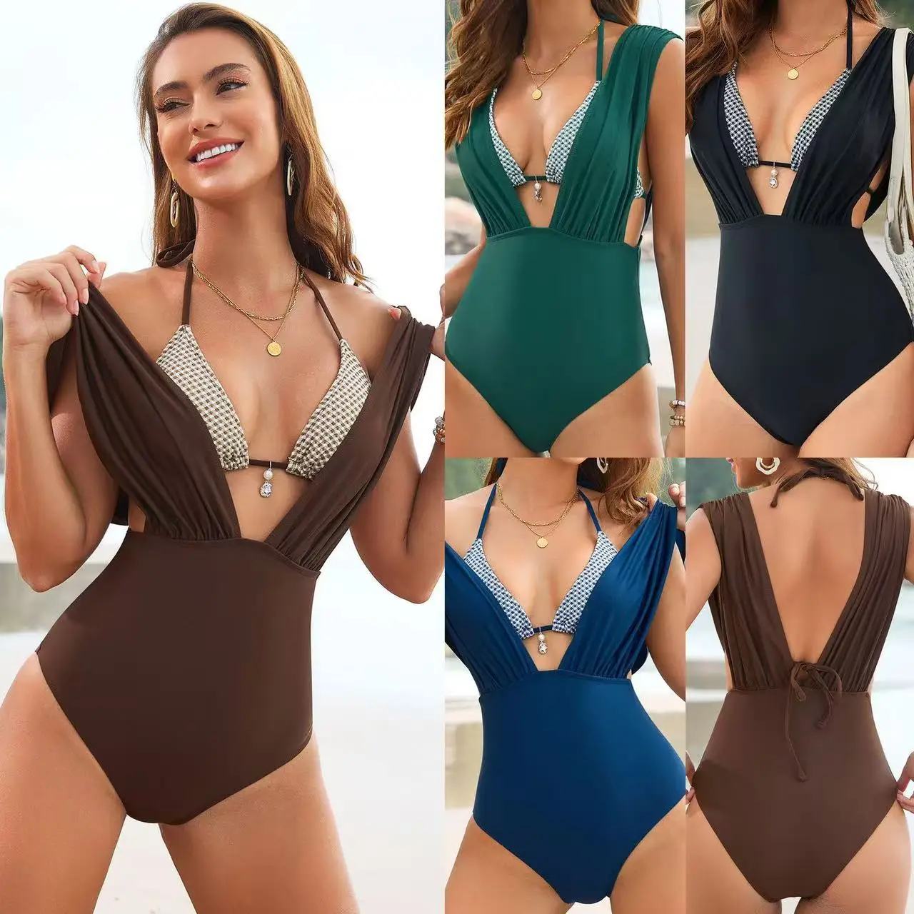 Vintage Coffee Two Piece Swimsuit 2026 Women Hole Out Push Up Bra High Waist Bikini Set Beach Holiday Bathing Suit Swimwear XXL