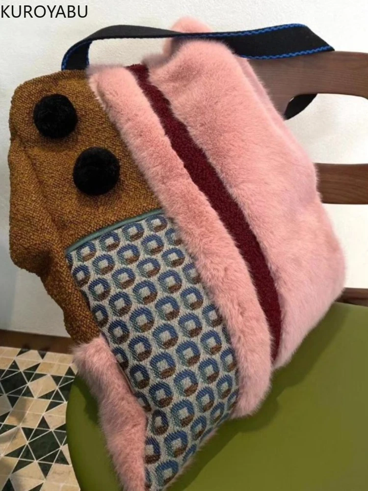 

Patchwork Lamb Wool Women Bag Retro Crossbody Bag Women's Versatile Cute Purse and Handbags Cute Shoulder Bag Bolsos De Mujer