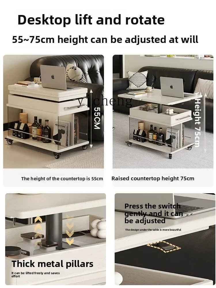 

ZYA Cream Style Adjustable Folding Mobile Living Room Side Table Multifunctional Solid Wood Side Cabinet Small Trolley