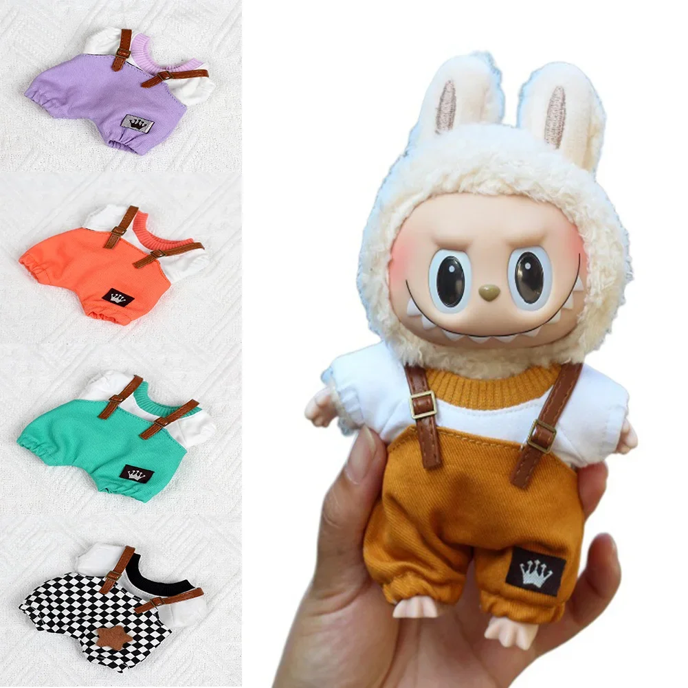 17cm Labubu Doll Clothing Fashion Hoodie Doll Accessories Dopamine Style Checkered Overalls T-shirt Set Ropa Labubu