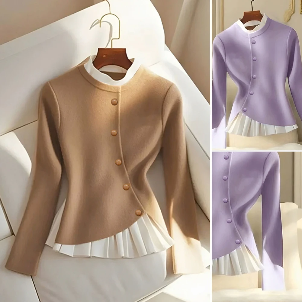 

Women's Tops 2025 Autumn Elegant Basics Clothes for Women Contrast Color Long Sleeve Flounce Hem Asymmetrical Woman Clothing