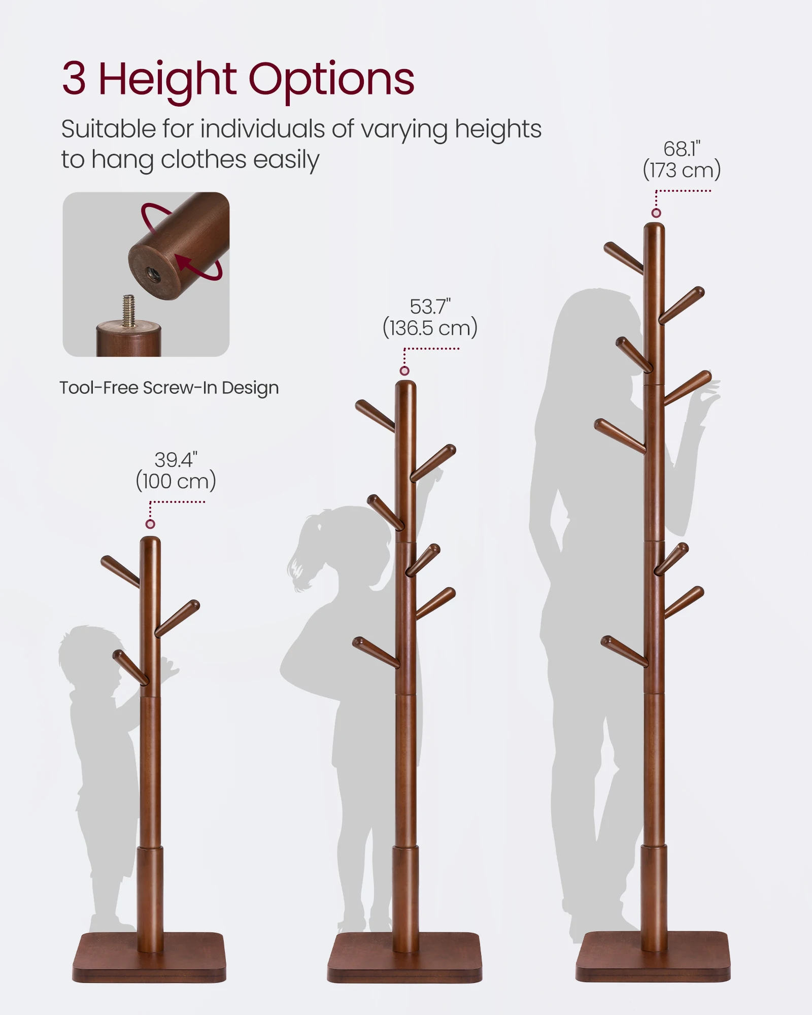 رف معطف من الخشب الصلب من VASAGLE، شجرة معطف قائمة بذاتها مع 8 خطافات، 3 خيارات للارتفاع، للمعاطف والقبعات والحقائب والمحافظ #6