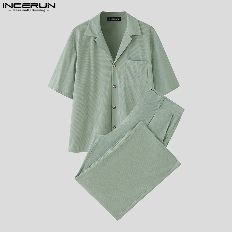 

INCERUN Мужские вельветовые комплекты, однотонная рубашка с короткими рукавами и брюки с лацканами, комплекты из двух предметов, уличная одежда, свободные модные мужские костюмы 2025 года