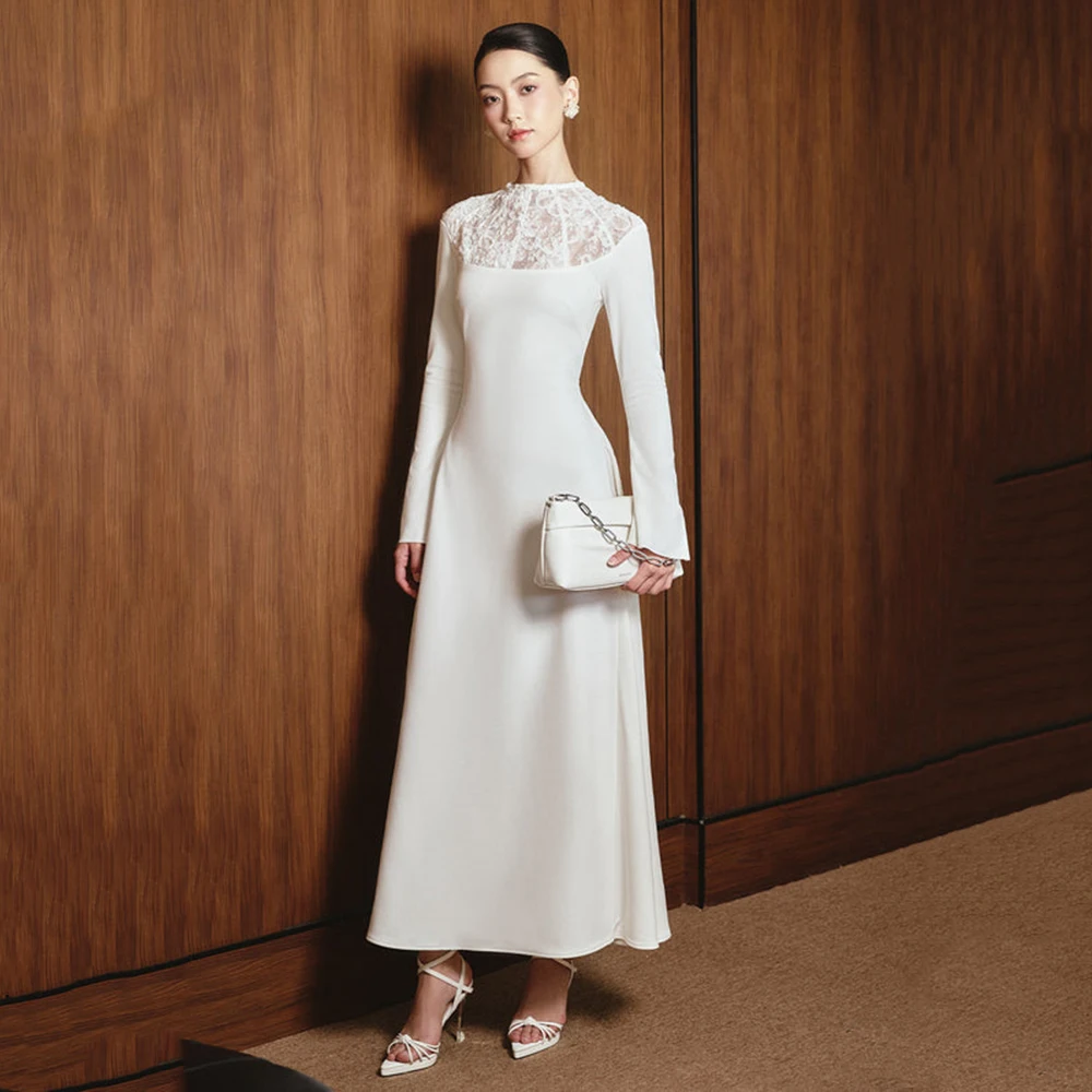 

Customized O-neck Full Sleeves Jersey Evening Dress With ILLUSION Lace Party Dress A-line Ankle Length Prom Gown For Women