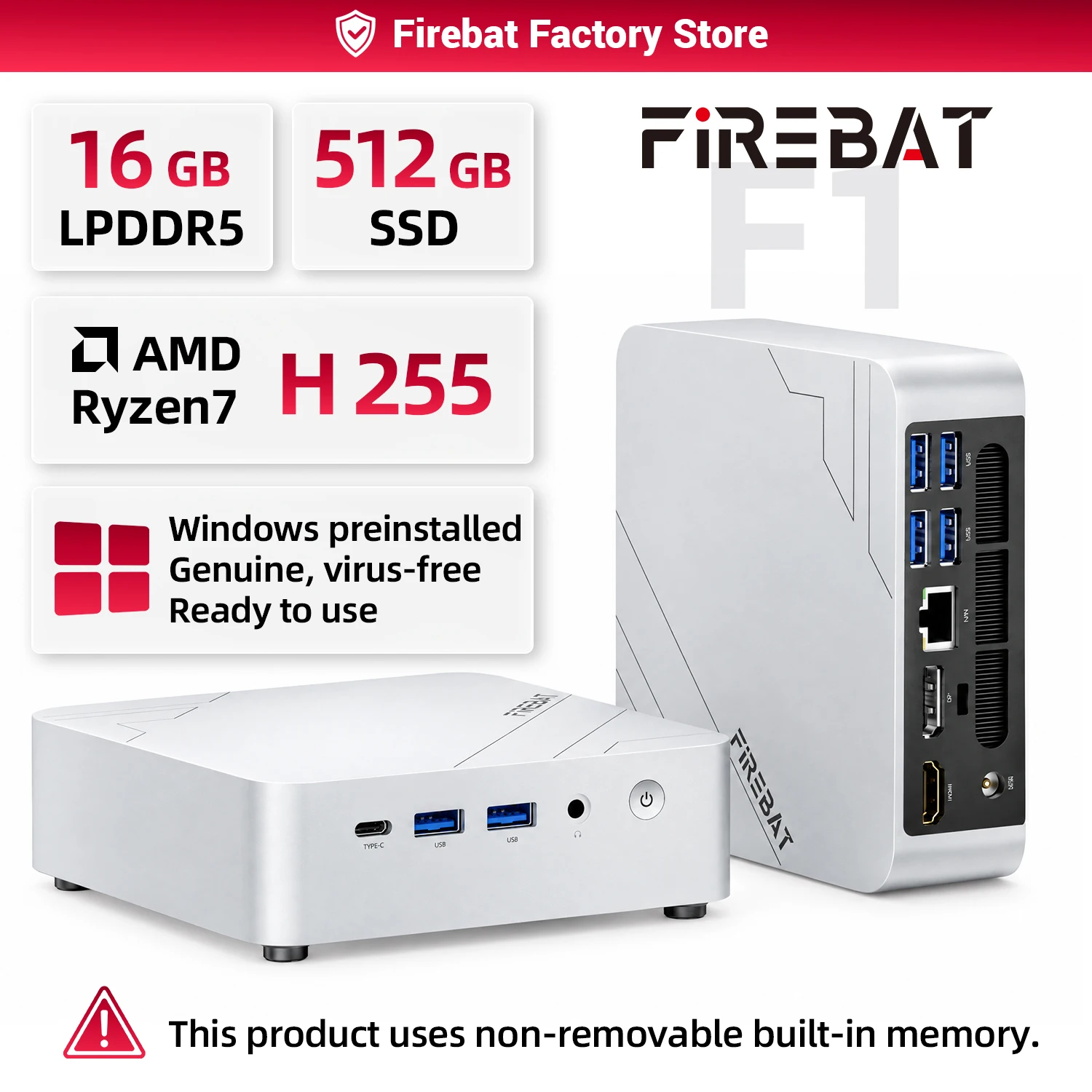 FIREBAT F1 MINI PC AMD Ryzen 7 H255 LPDDR5 16GB RAM 512GB SSD WIFI6 BT5.2 Portable Desktop MINI-PC Windows 11 Desktop Computer