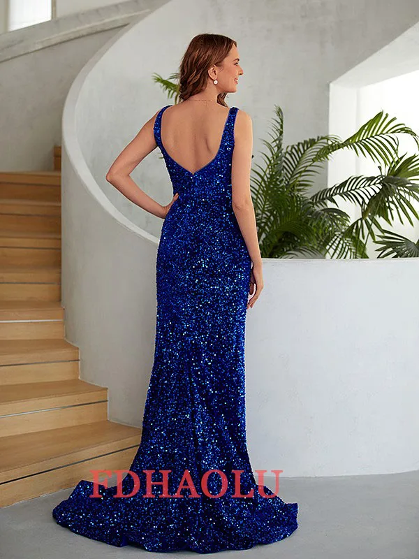 Customized Deep V-Neck Sequis Mermaid Prom Dress with Slit Glitter Graduation Cocktail Gowns Elegant Evening Dresses for Women