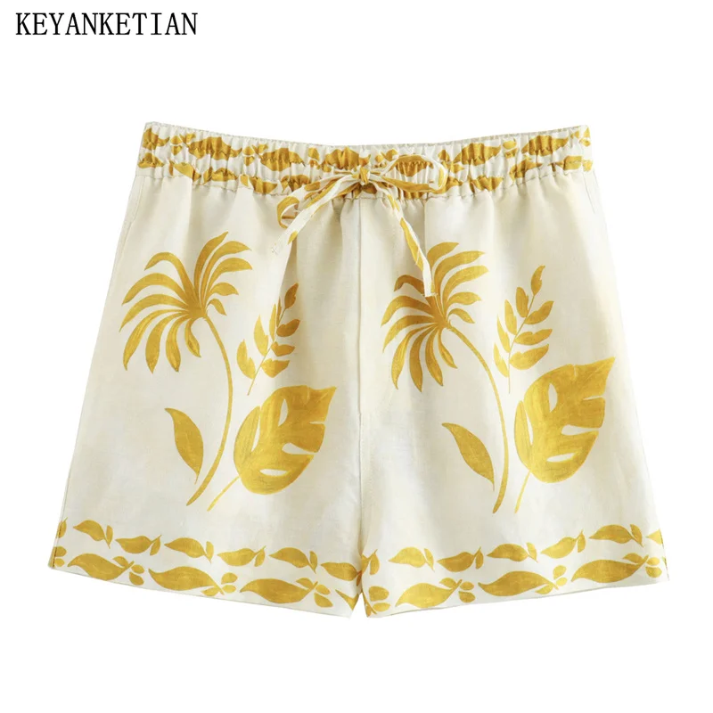 

KEYANKETIAN 2024 New Launch Pastoral style Flower Print Drawstring Elastic Waist Shorts Women's Retro Wide leg Pants Hot Shorts