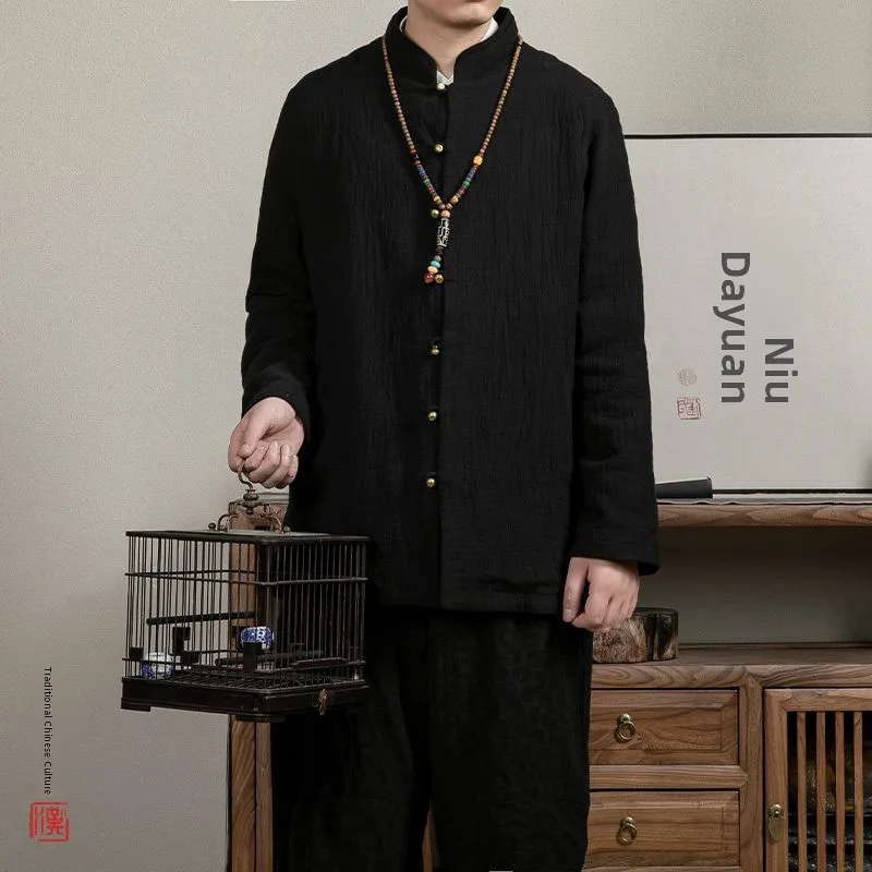 

New Chinese Sle Tang Suit Jaet Men's Large Size Zen Meditation Robe Ethnic Retro Sle Cotton Linen Collar Stand up Coat