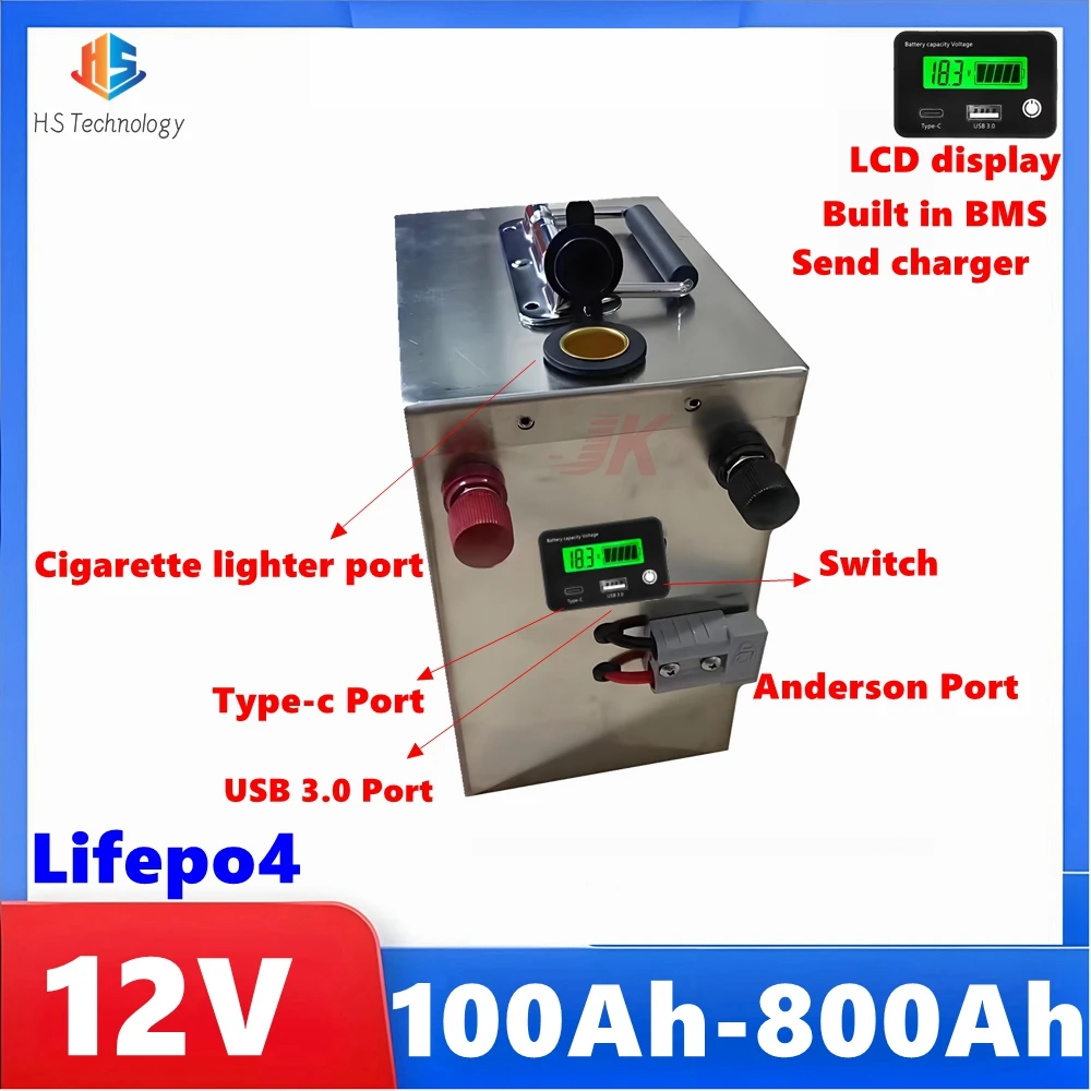 

HS 12V 100Ah 200Ah 250Ah 300Ah 350Ah 400Ah 500Ah 600Ah 700Ah 800Ah Lifepo4 Battery for RV,Solar System Inverter Outdoor Camping