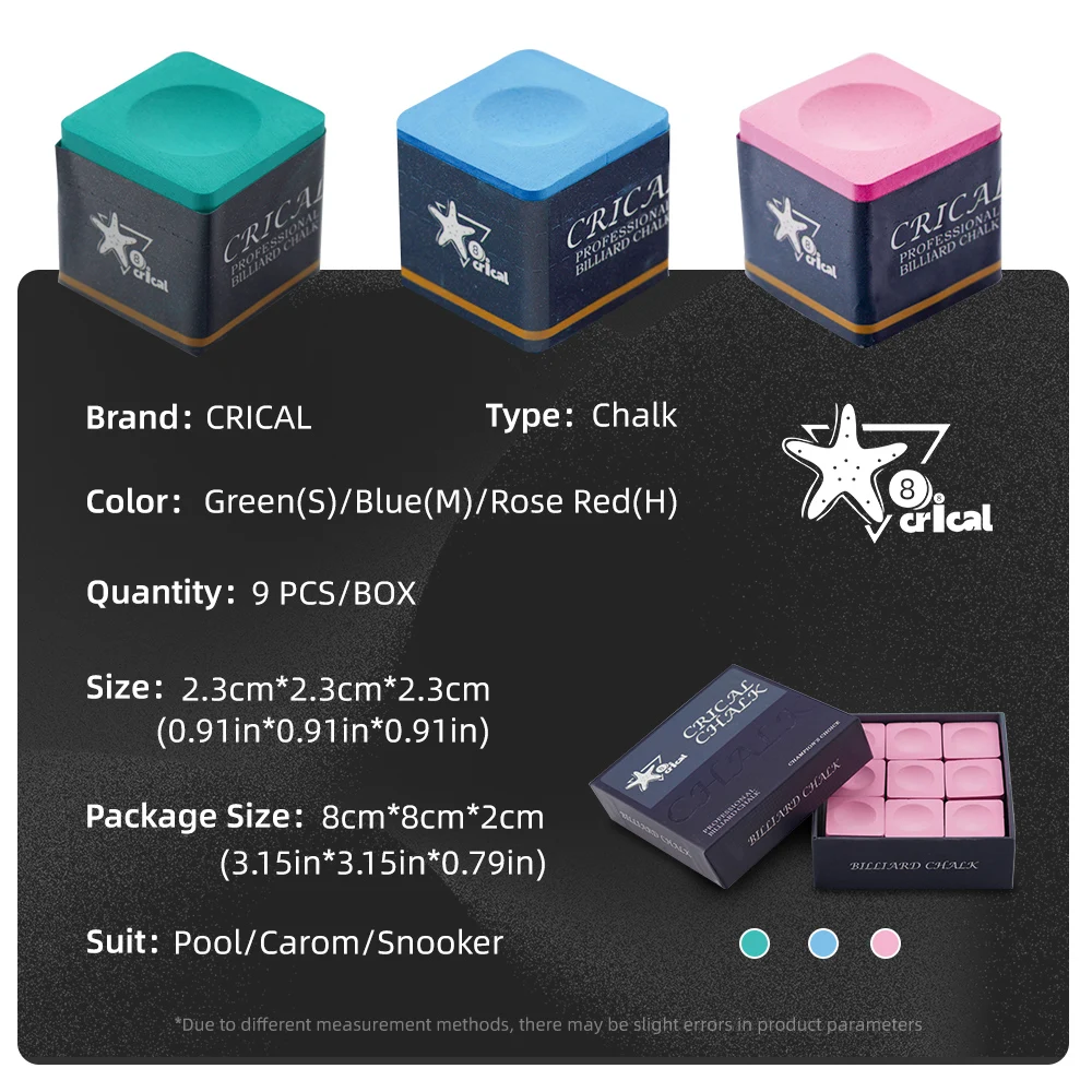 CRICAL Billiard cue Chalk with 9 pcs / box blue/green/pink for carom pool snooker cue chalk Billiard Accessories