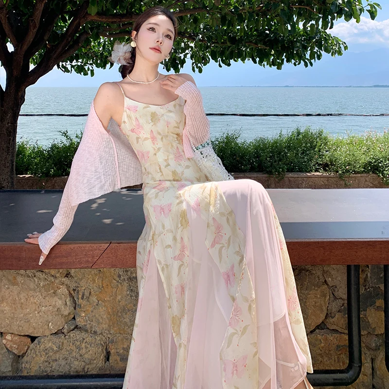 Heavy Insert Design Sense Spaghetti Strap Dress Women Summer Pink Fairy A-Line Long Dress