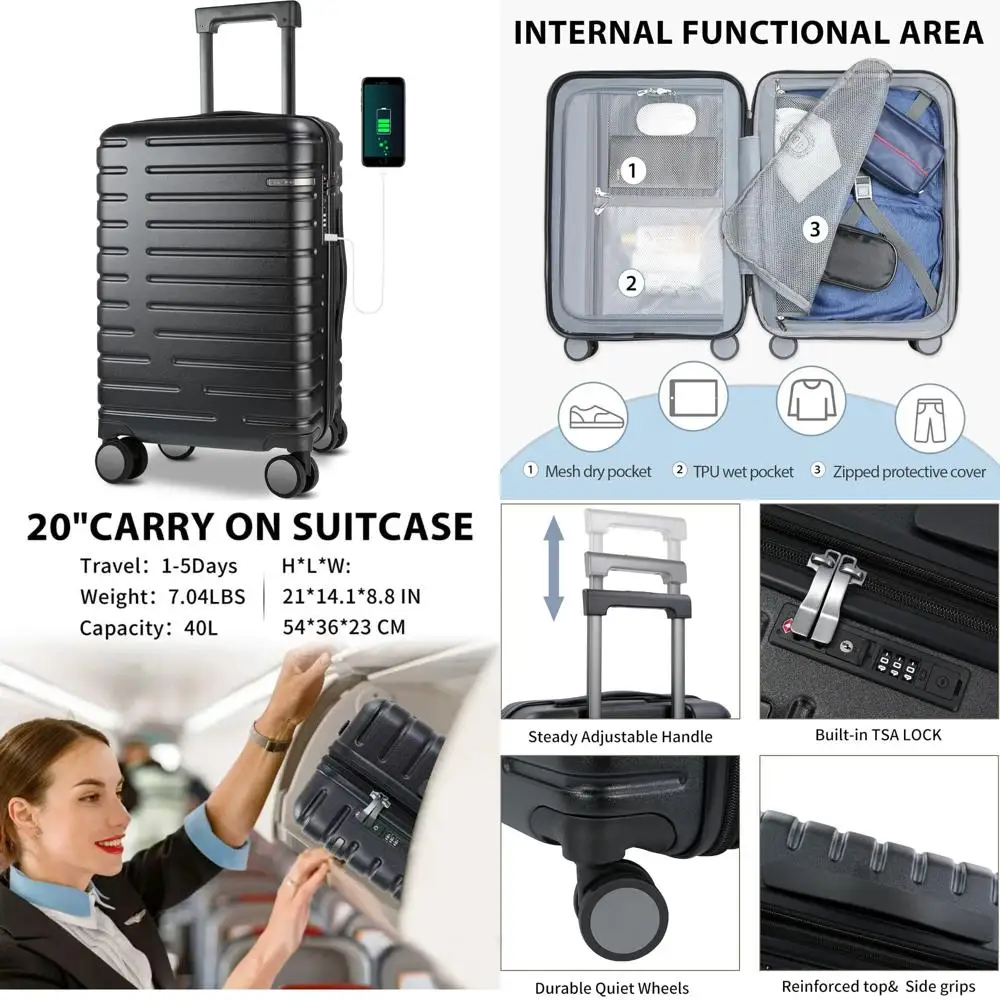 Expandable Hard Shell Spinner Luggage, Airline Approved Carry-On Suitcase with TSA Lock, 21x14x9 Inches Travel Companion