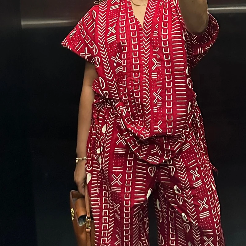 Sexy V-neck Pullover Top & Wide Leg Pant Set Women Casual Short Sleeve Street Two Piece Suit Vintage Pattern Print Loose Outfits