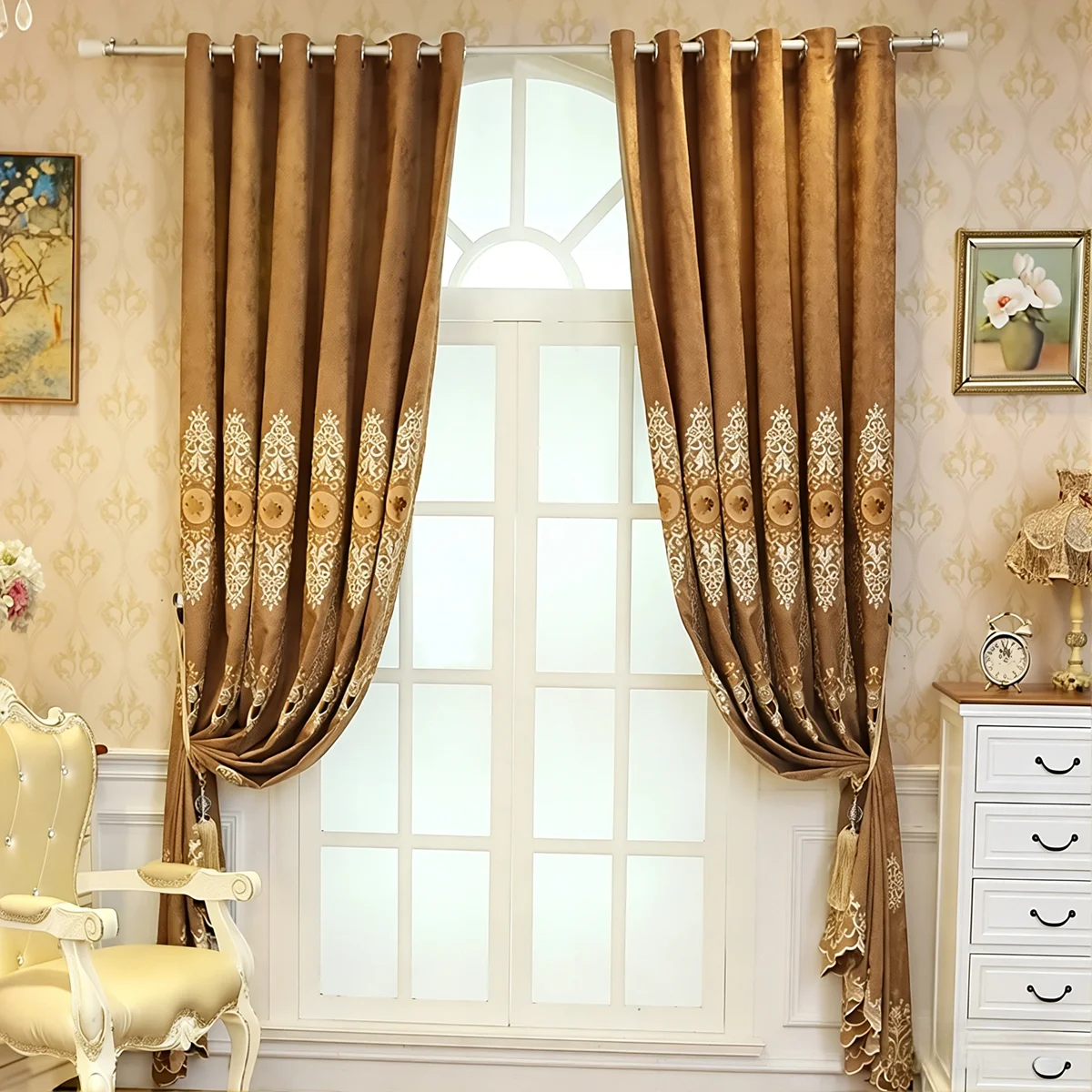 

Luxury Brown Velvet Embroidered Blackout Curtains, European Style Grommet Drapes for Living Room