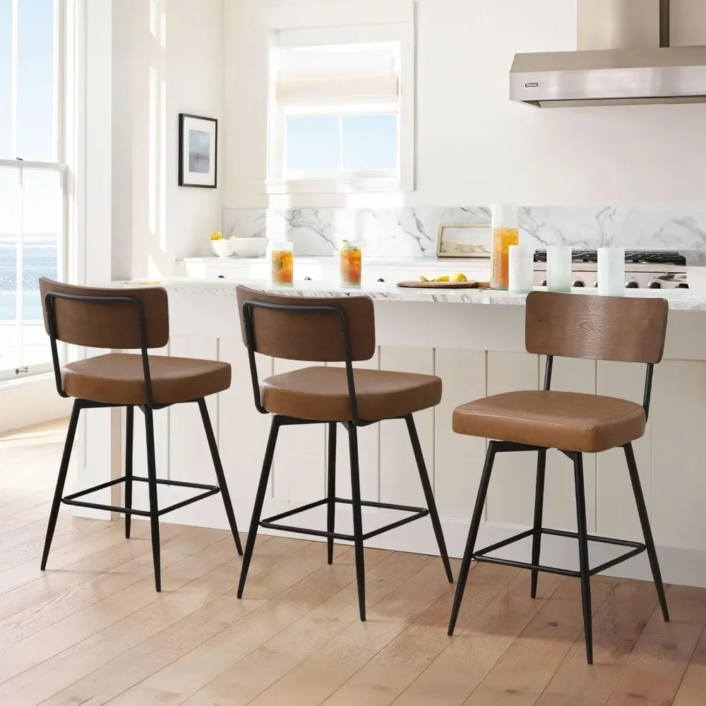 Counter Height Swivel Bar Stools Set of 3, Upholstered Faux Leather Barstools with Wood Backs and Metal Legs