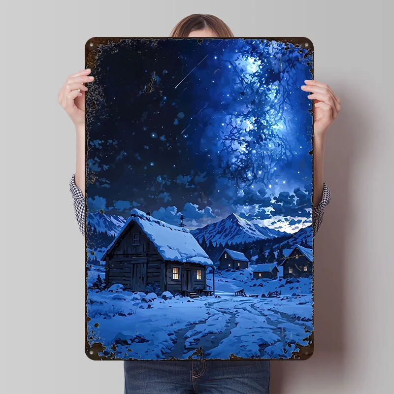 Winter-Nachthimmel-Hütten-Landschaft Metallposter Personalisierte Wandkunst Retro Vintage Metallschilder für Badezimmer-Dekoration Männerhöhle
