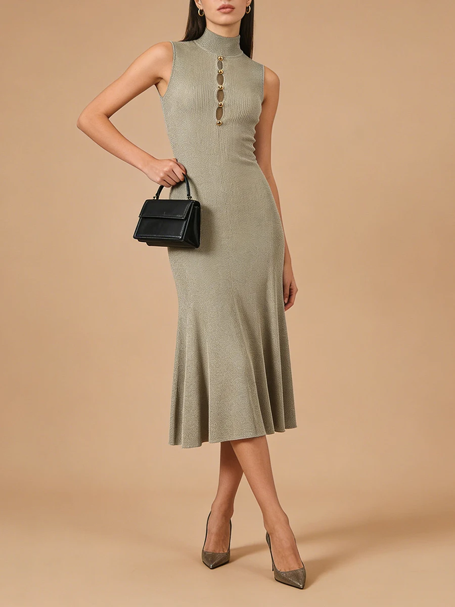 VGH エレガントなスプライスカットアウトドレス女性のためのスタンドカラーノースリーブハイウエストパッチワーク折り目冬ミニマリストドレス女性