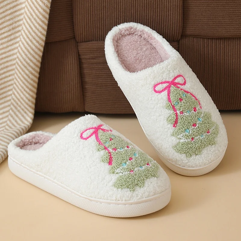 Winter Christmas Tree Cotton Slippers for Women Couple Winter Cute Cartoon Home Non-slip Sandals Adult Indoor Floor Plush Slides