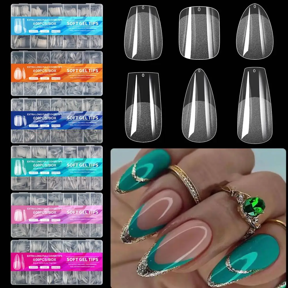 

600Pcs/Box Full Cover Press On Nail Tips Clear Long Fake Nails Stiletto Almond Square Coffin French False Fake Soak Off Gel Nail