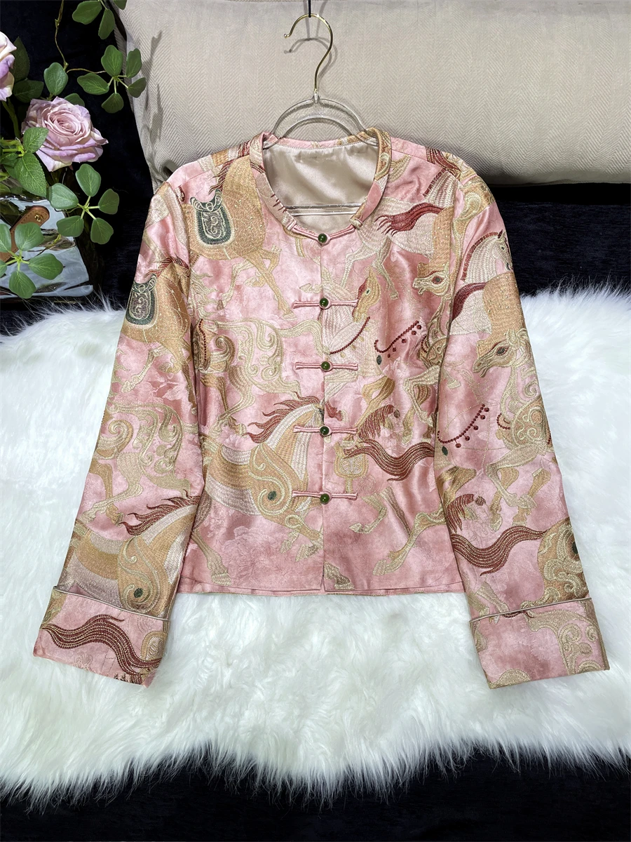 

New Chinese Sle National Trend Dyed Acetate Weave Gold Heavy Embroidery ort Coat Top Old Money Sle Jaet Women's Faion