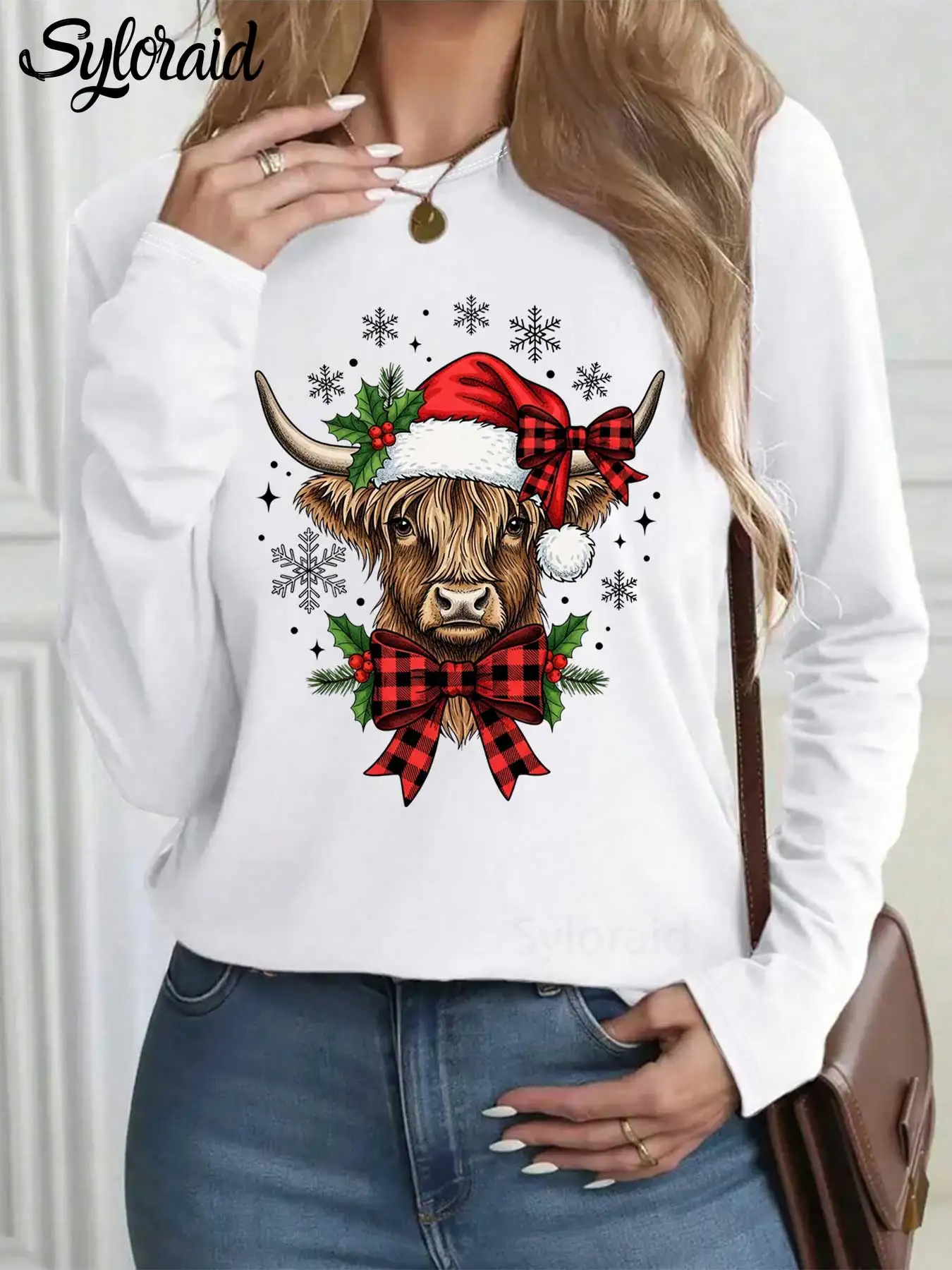 المرأة طويلة الأكمام تي شيرت عيد الميلاد المرتفعات البقرة تي شيرت سانتا قبعة الجاموس منقوشة قميص موضة الجولة الرقبة رداء علوي غير رسمي #1
