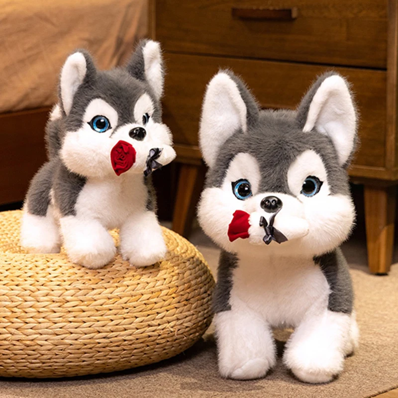 

Новая плюшевая игрушка для собаки с розой, милая кукла сибирского хаски с розой в розе, мягкая игрушка для щенка, подарки на День святого Валентина