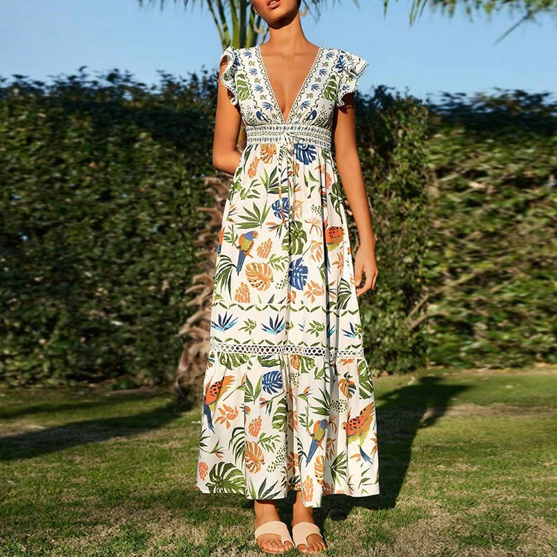 Vestido longo com estampa floral tropical, feminino, sexy, decote em v, manga plissada, vestido de férias, elegante, cintura alta, vestidos de festa plissados