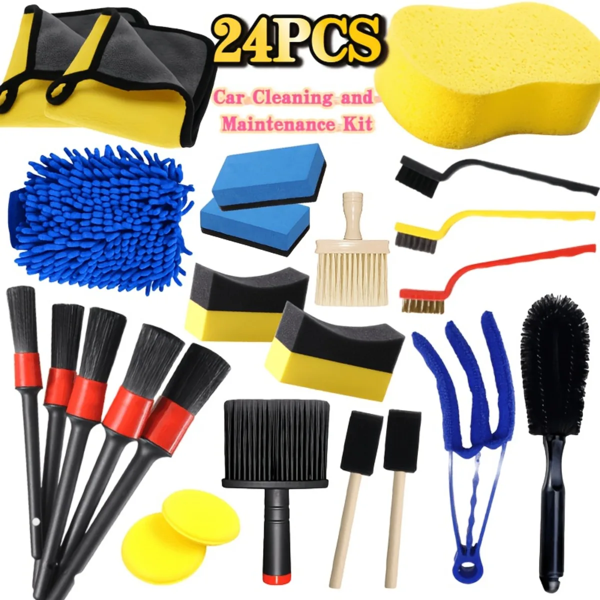 Multi-Purpose Brush 9pcs/24pcs Car Cleaning Tool Set Nylon Gloves Polishing Sponge Hub Brush Car Wash Cloth Uses For Car Care
