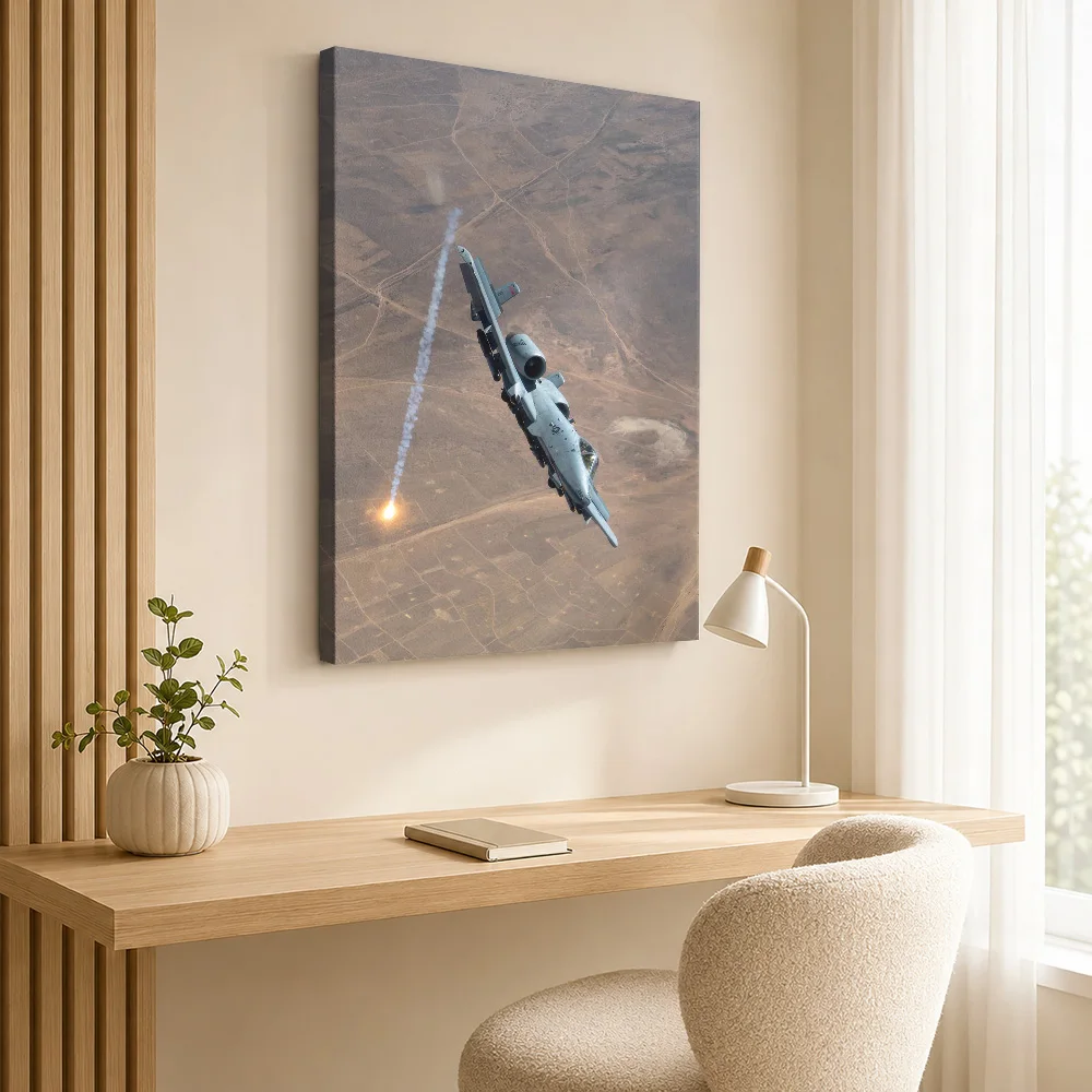 Military Aircraft Flares In Flight Framed Canvas Poster Customized Photo Dramatic Sky Illustration Wall Art For Aviation Club