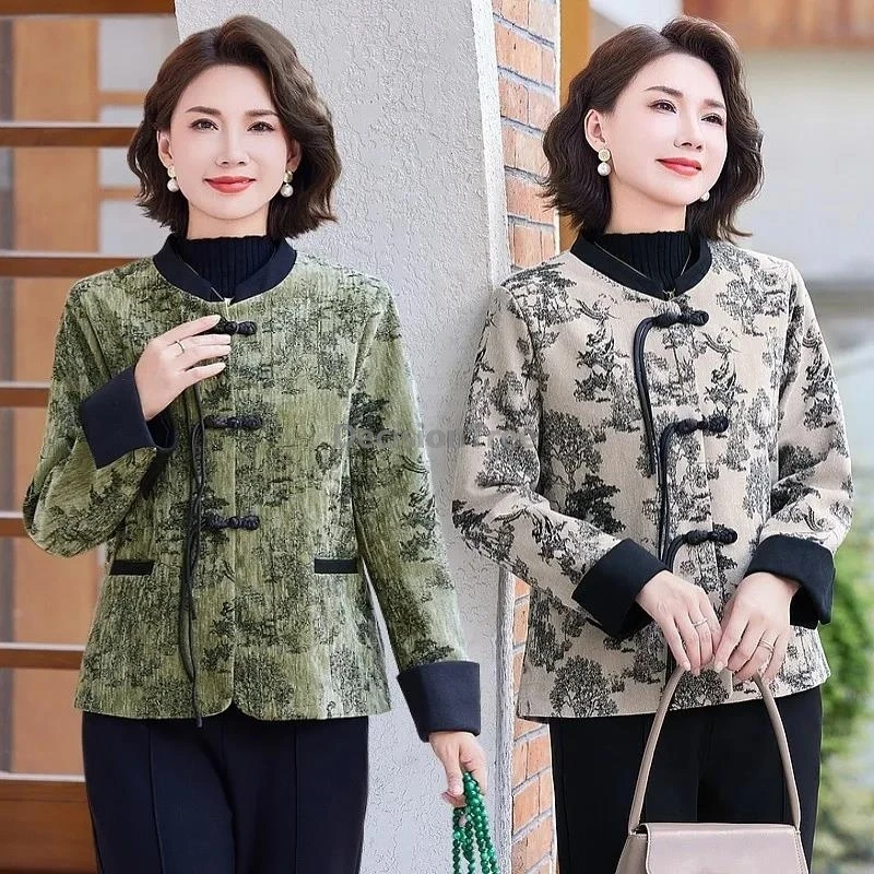 

2025 new chinese style autumn jacket elegant trendy temperament vintage tang suit coat ethnic style printing warm women's coat