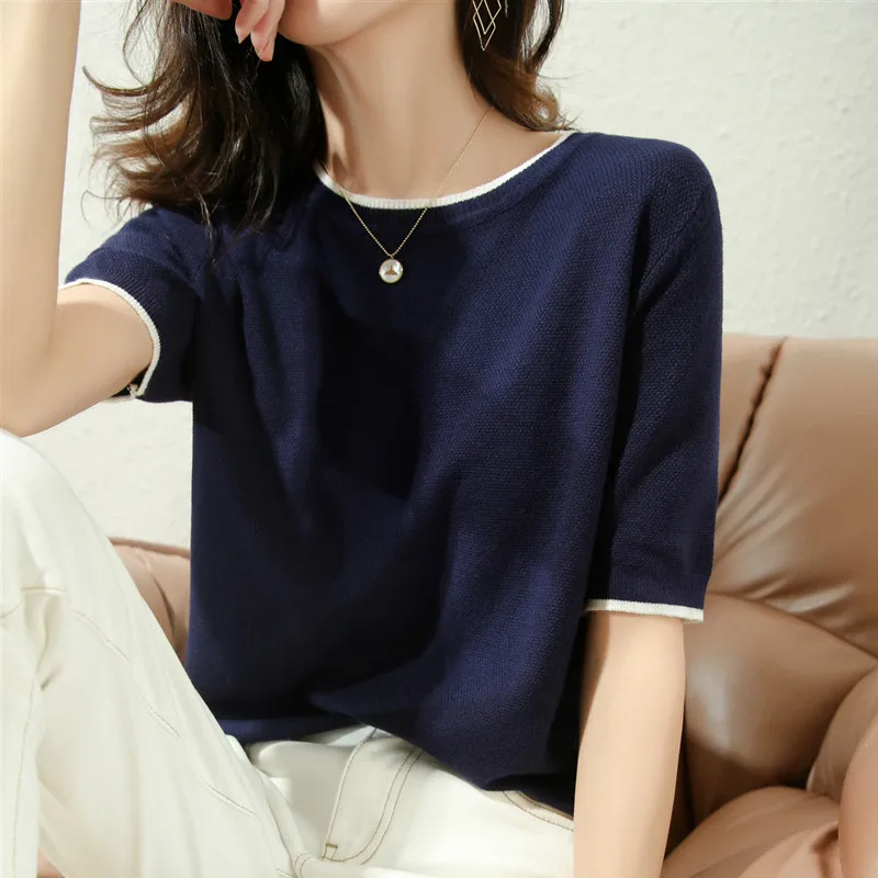 Women\'s Round Neck Color Matching T-Shirt With Short Sleeves Made Of Silk Cotton. NewSpring/Summer Fashion Casual Loose Pullover