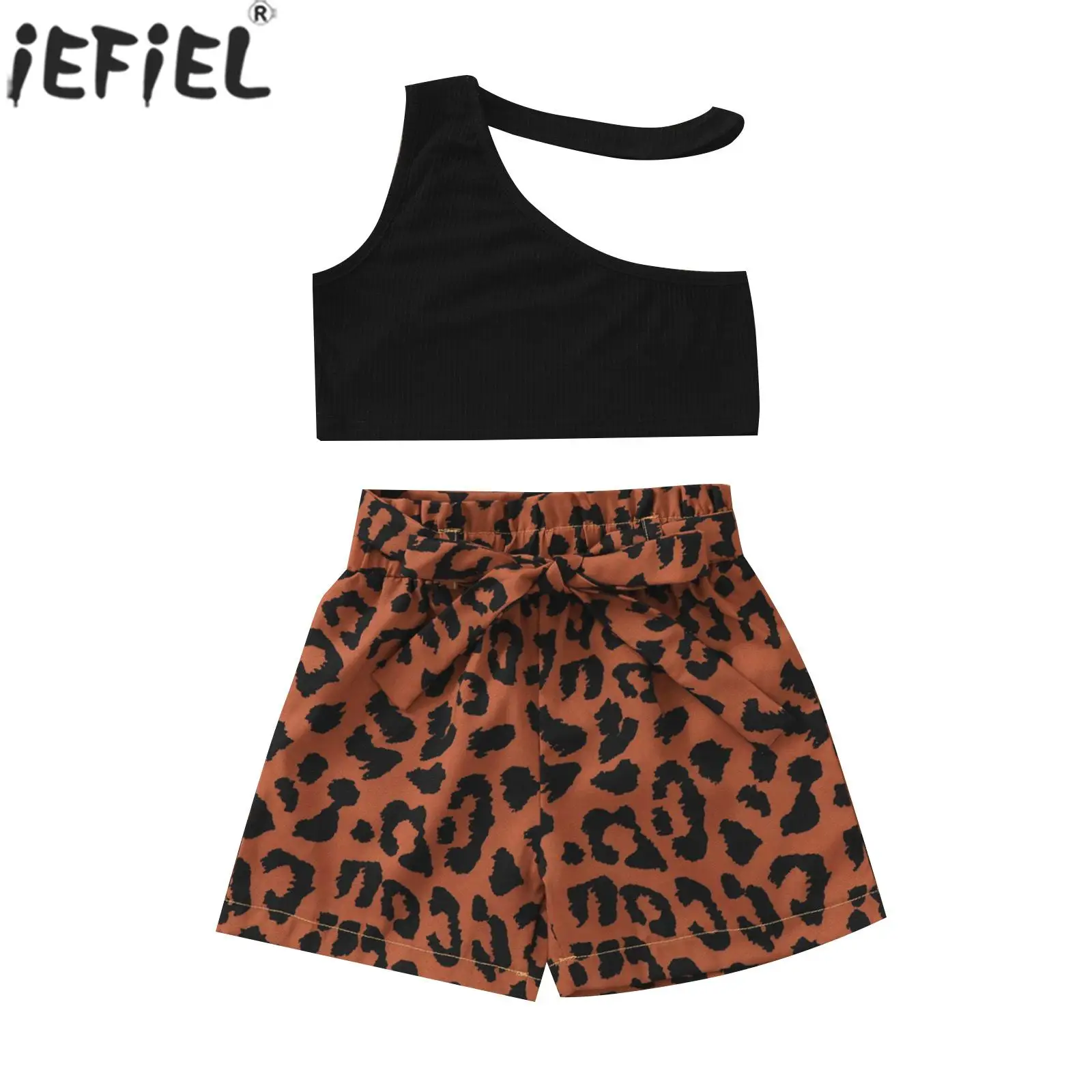 

Girls Summer Fashion Casual Outfits Sleeveless Oblique Shoulder Crop Top with Leopard Shorts for Daily Wear Photo Shoot Vacation